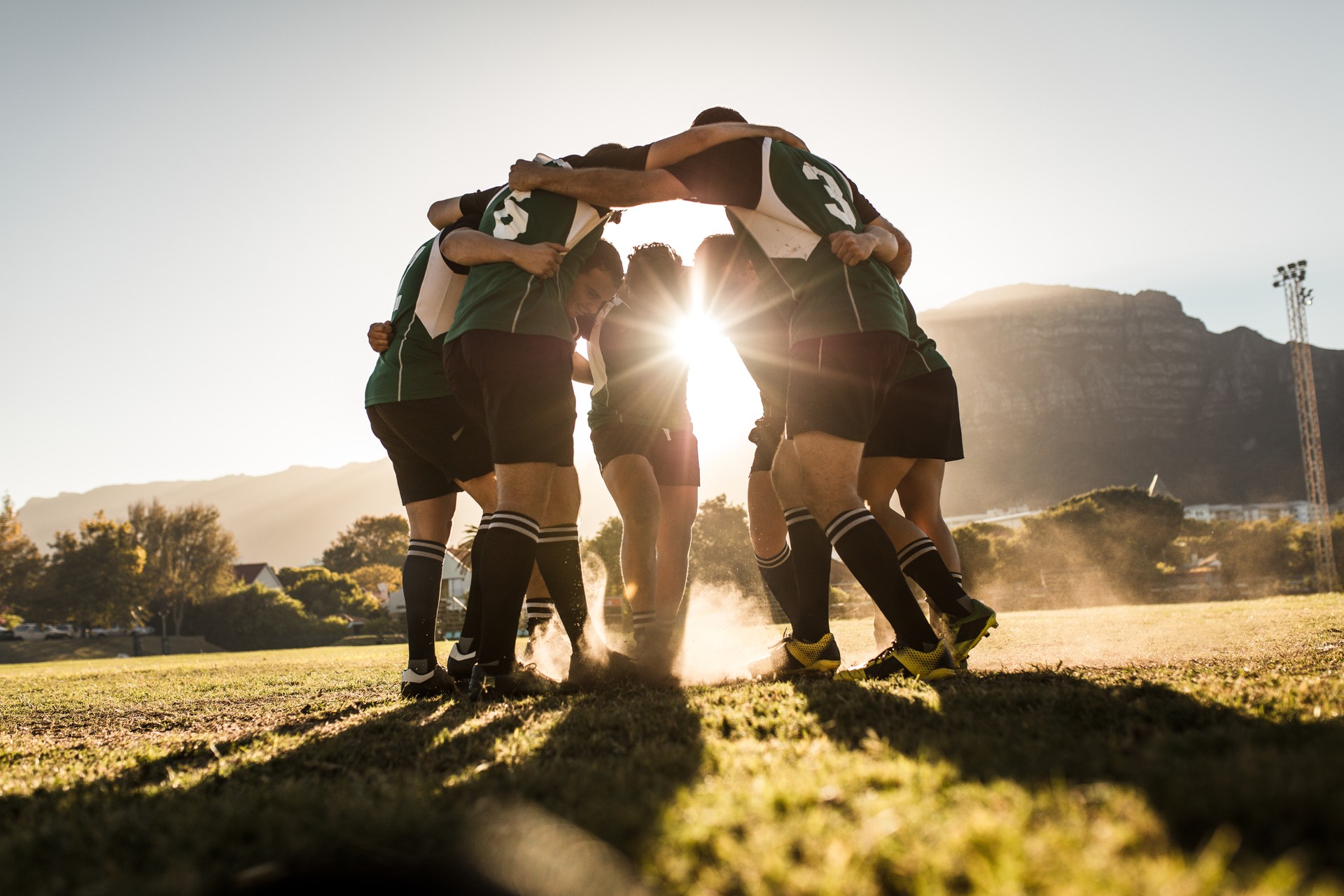 Rugby players rejoicing victory